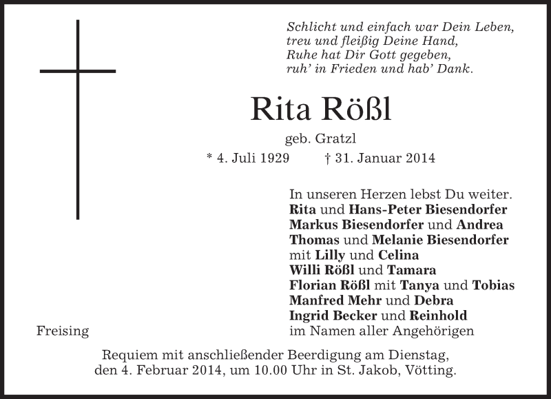  Traueranzeige für Rita Rößl vom 03.02.2014 aus merkurtz