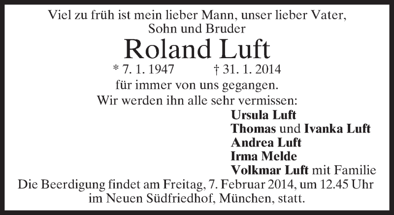  Traueranzeige für Roland Luft vom 04.02.2014 aus merkurtz
