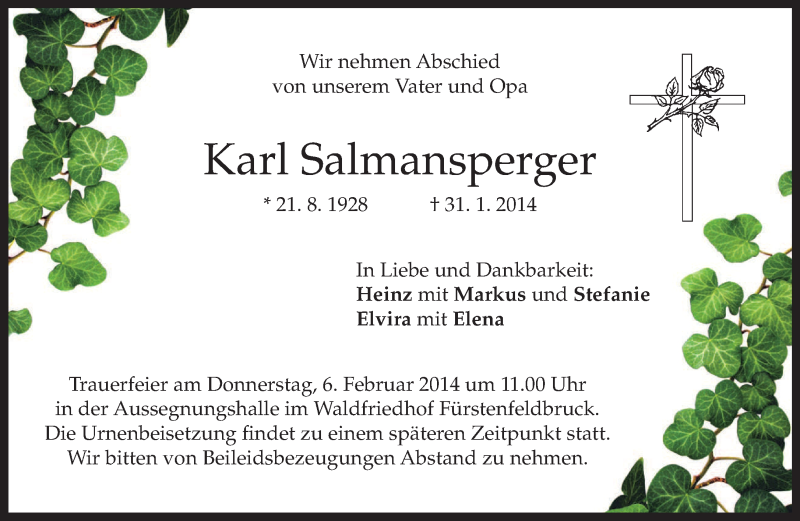  Traueranzeige für Karl Salmansperger vom 04.02.2014 aus merkurtz