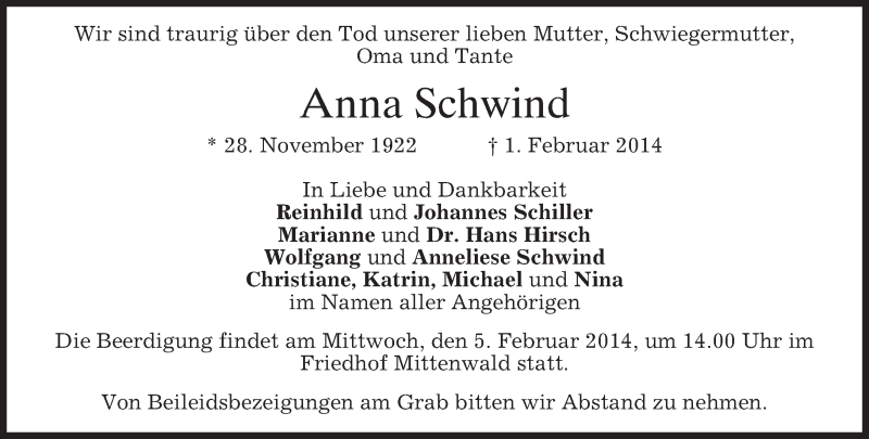  Traueranzeige für Anna Schwind vom 04.02.2014 aus merkurtz