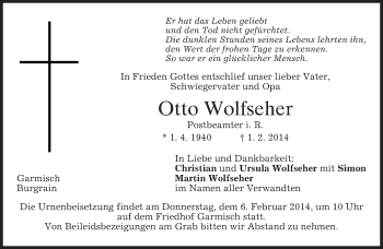 Traueranzeige von Otto Wolfseher von merkurtz