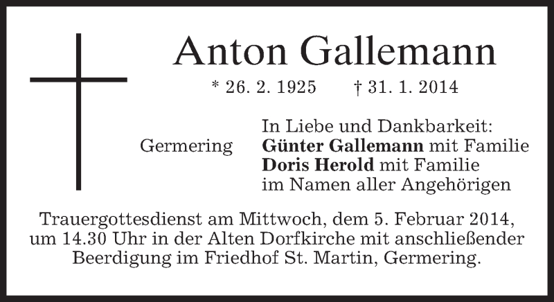  Traueranzeige für Anton Gallemann vom 04.02.2014 aus merkurtz