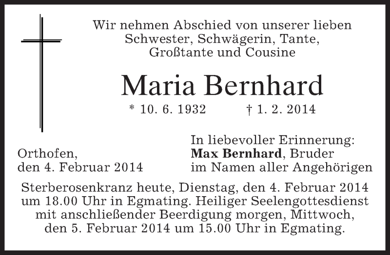  Traueranzeige für Maria Bernhard vom 04.02.2014 aus merkurtz