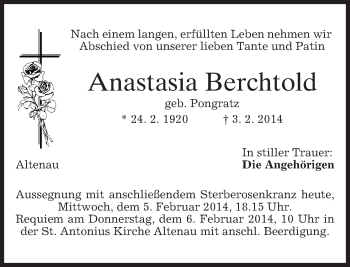 Traueranzeige von Anastasla Berchtold von merkurtz