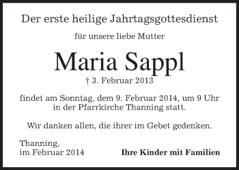 Traueranzeige von Maria Sappl von merkurtz