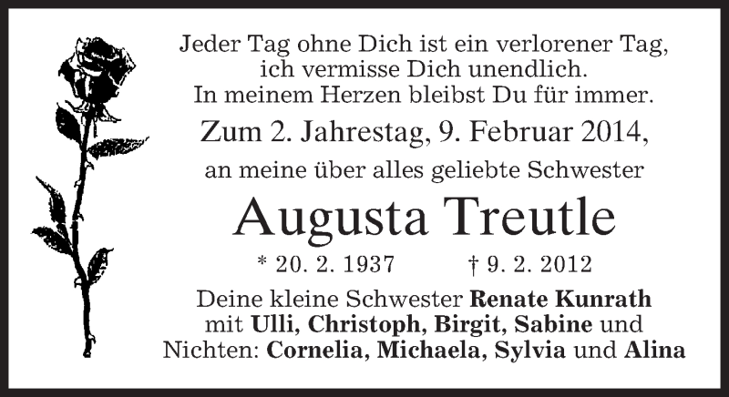  Traueranzeige für Augusta Treutle vom 08.02.2014 aus merkurtz
