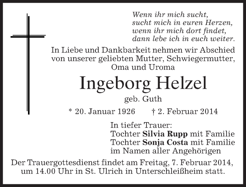  Traueranzeige für Ingeborg Helzel vom 06.02.2014 aus merkurtz
