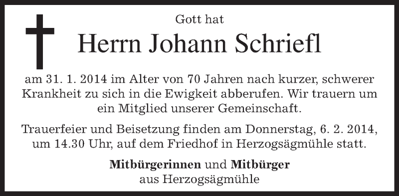  Traueranzeige für Johann Schriefl vom 06.02.2014 aus merkurtz