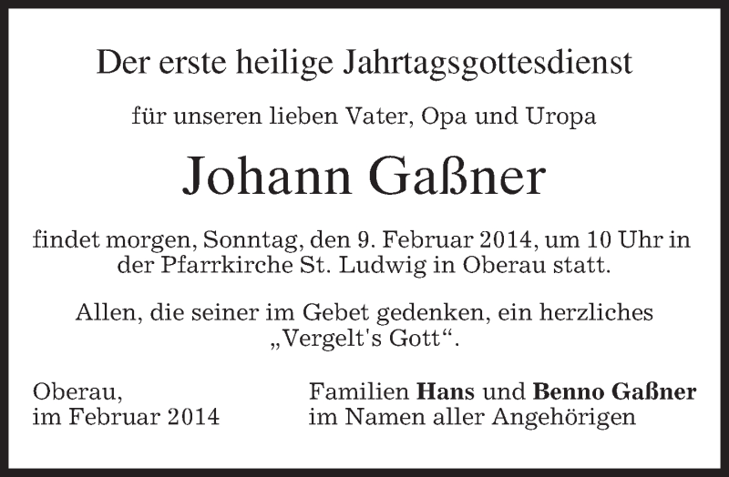  Traueranzeige für Johann Gaßner vom 08.02.2014 aus merkurtz
