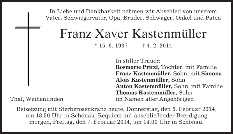  Traueranzeige für Franz Xaver Kastenmüller vom 06.02.2014 aus merkurtz