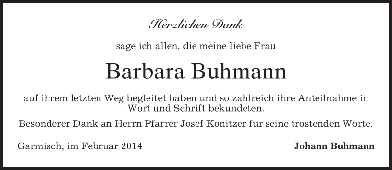  Traueranzeige für Barbara Buhmann vom 08.02.2014 aus merkurtz