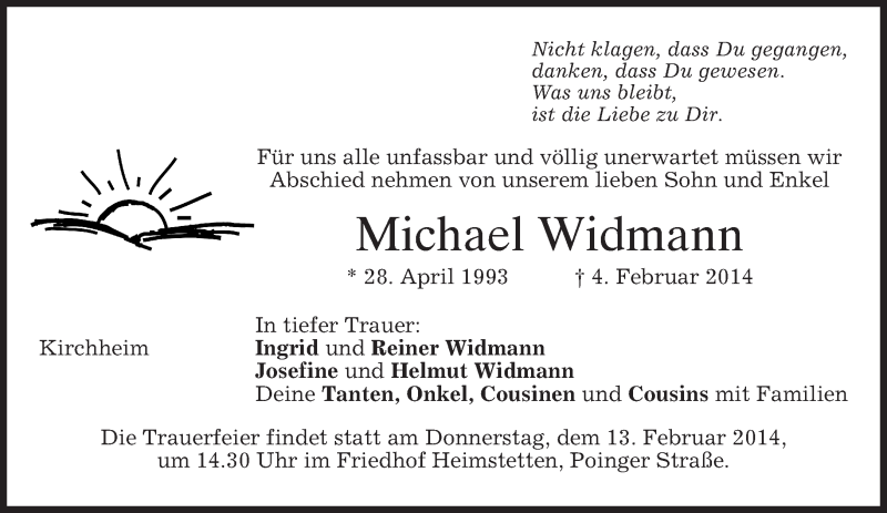  Traueranzeige für Michael Widmann vom 08.02.2014 aus merkurtz
