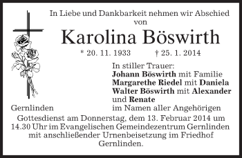 Traueranzeige von Karolina Böswirth von merkurtz