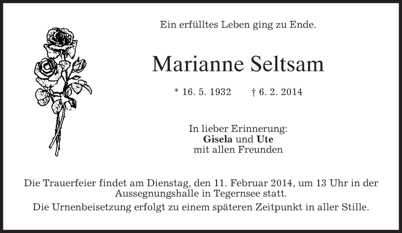  Traueranzeige für Marianne Seltsam vom 08.02.2014 aus merkurtz
