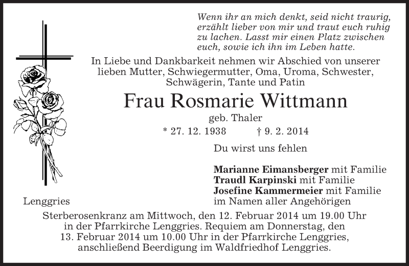  Traueranzeige für Rosmarie Wittmann vom 11.02.2014 aus merkurtz