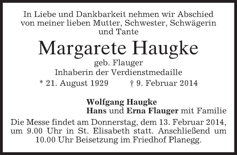  Traueranzeige für Margarete Haugke vom 12.02.2014 aus merkurtz