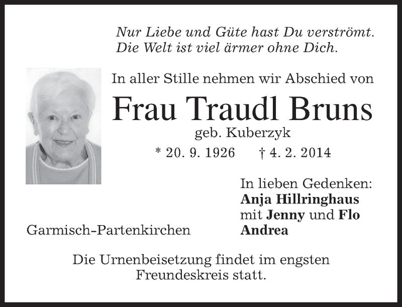  Traueranzeige für Traudl Bruns vom 11.02.2014 aus merkurtz