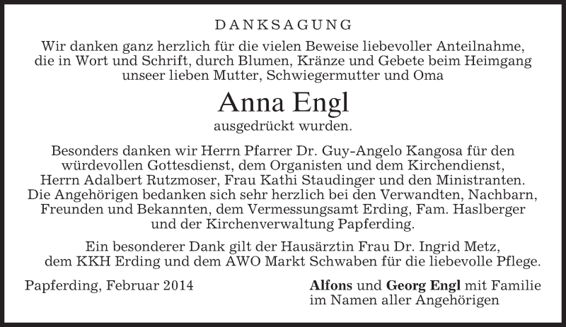  Traueranzeige für Anna Engl vom 15.02.2014 aus merkurtz