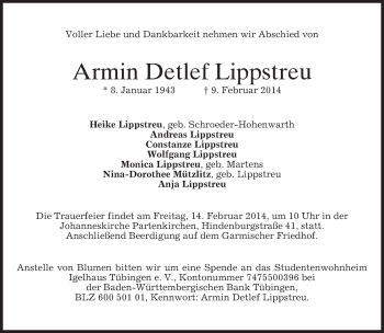 Traueranzeige von Armin Detlef Lippstreu von merkurtz