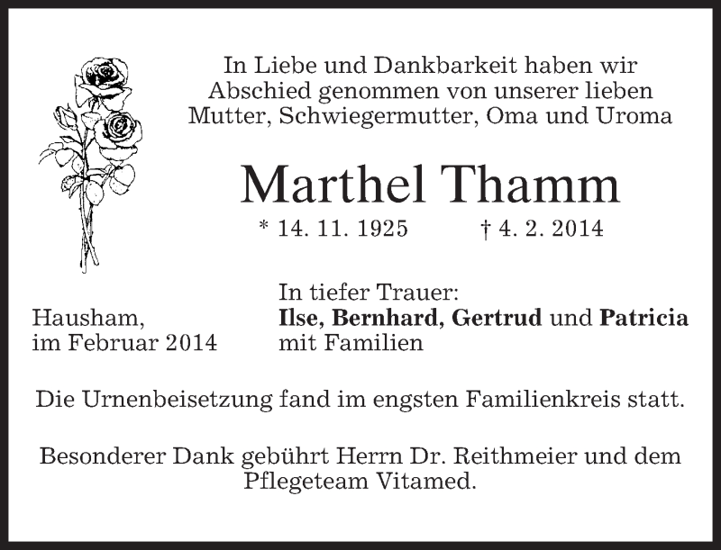  Traueranzeige für Marthel Thamm vom 15.02.2014 aus merkurtz