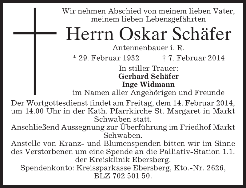 Traueranzeige für Oskar Schäfer vom 12.02.2014 aus merkurtz