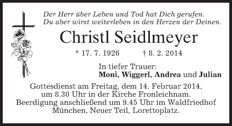  Traueranzeige für Christl Seidlmeyer vom 12.02.2014 aus merkurtz