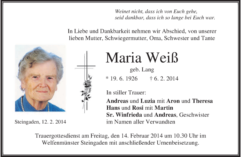  Traueranzeige für Maria Weiß vom 12.02.2014 aus merkurtz