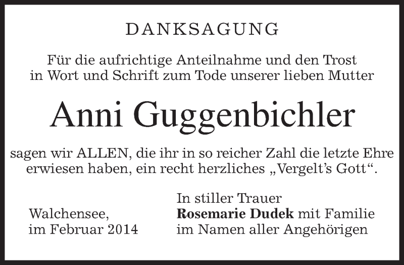  Traueranzeige für Anni Guggenbichler vom 15.02.2014 aus merkurtz