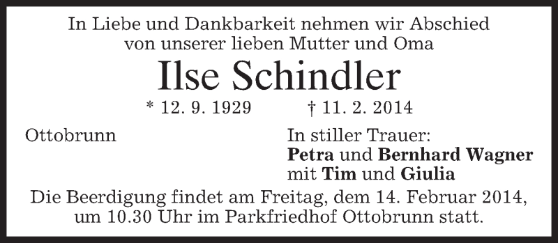  Traueranzeige für Ilse Schindier vom 13.02.2014 aus merkurtz