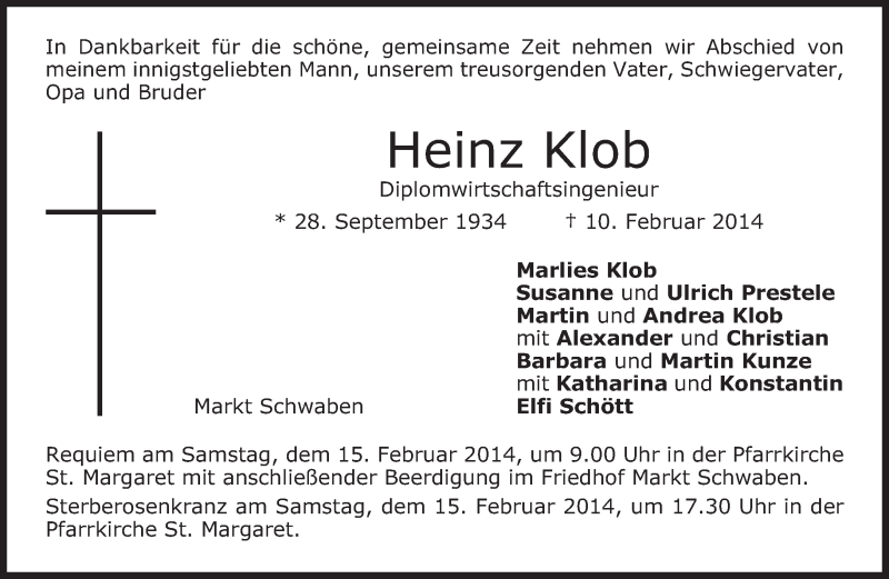  Traueranzeige für Heinz Klob vom 13.02.2014 aus merkurtz