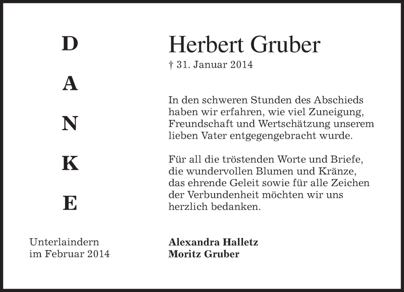  Traueranzeige für Herbert Gruber vom 15.02.2014 aus merkurtz