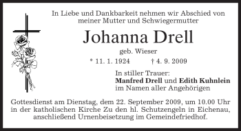 Traueranzeige von Johanna Drell von MERKUR & TZ