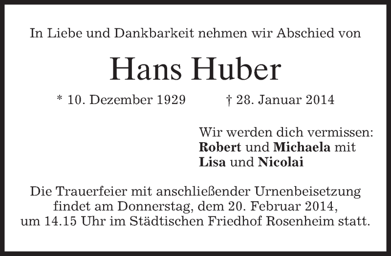  Traueranzeige für Hans Huber vom 17.02.2014 aus merkurtz