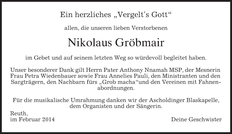  Traueranzeige für Nikolaus Gröbmair vom 15.02.2014 aus merkurtz