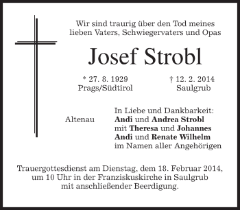 Traueranzeige von Josef Strobl von merkurtz