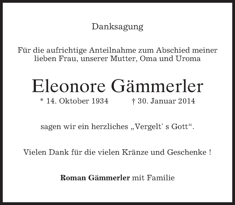 Traueranzeige für Eleonore Gämmerler vom 14.02.2014 aus merkurtz