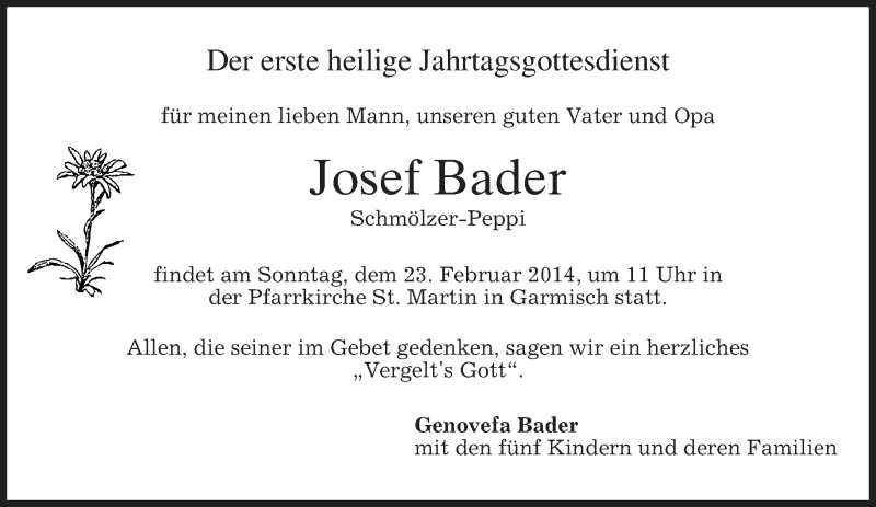  Traueranzeige für Josef Bader vom 15.02.2014 aus merkurtz