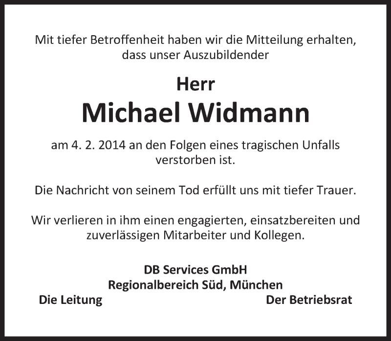  Traueranzeige für Michael Widmann vom 13.02.2014 aus merkurtz