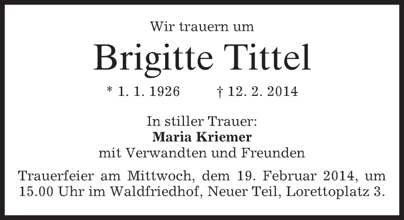  Traueranzeige für Brigitte Tittel vom 15.02.2014 aus merkurtz