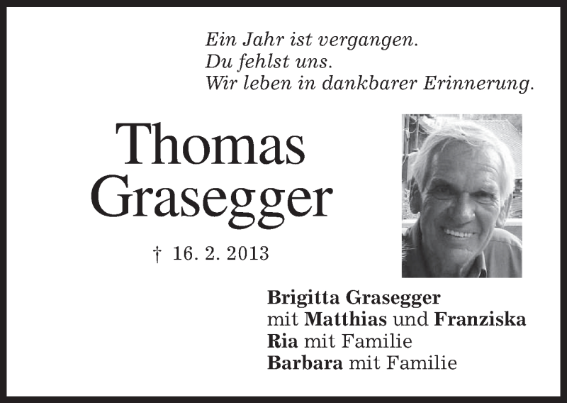  Traueranzeige für Thomas Grasegger vom 17.02.2014 aus merkurtz