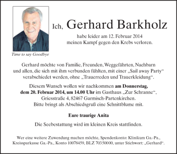 Traueranzeige von Gerhard Barkholz von merkurtz