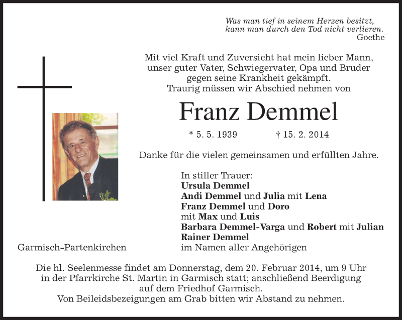 Traueranzeigen von Franz Demmel | trauer.merkur.de