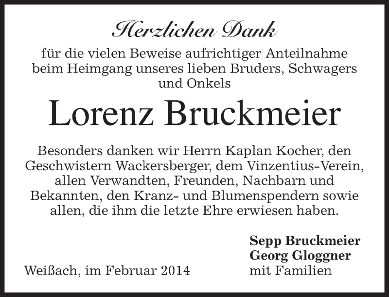  Traueranzeige für Lorenz Bruckmeier vom 22.02.2014 aus merkurtz