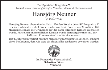 Traueranzeige von Hansjörg Neuner von merkurtz