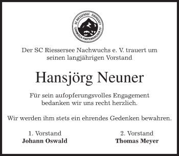 Traueranzeige von Hansjörg Neuner von merkurtz
