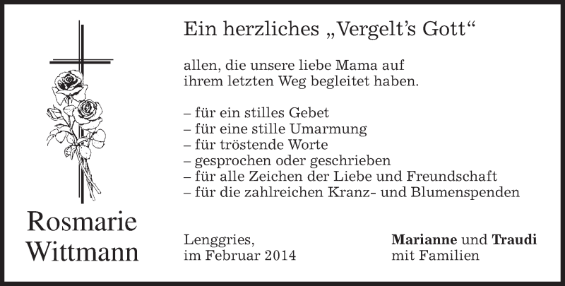  Traueranzeige für Rosmarie Wittmann vom 22.02.2014 aus merkurtz