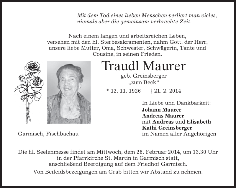  Traueranzeige für Traudl Maurer vom 24.02.2014 aus merkurtz