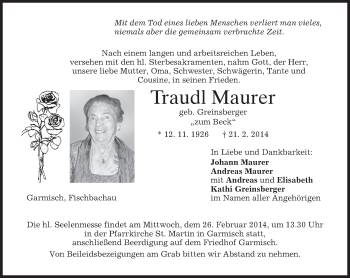 Traueranzeige von Traudl Maurer von merkurtz