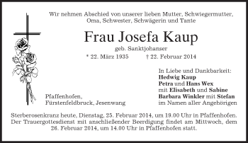 Traueranzeige von Josefa Kaup von merkurtz