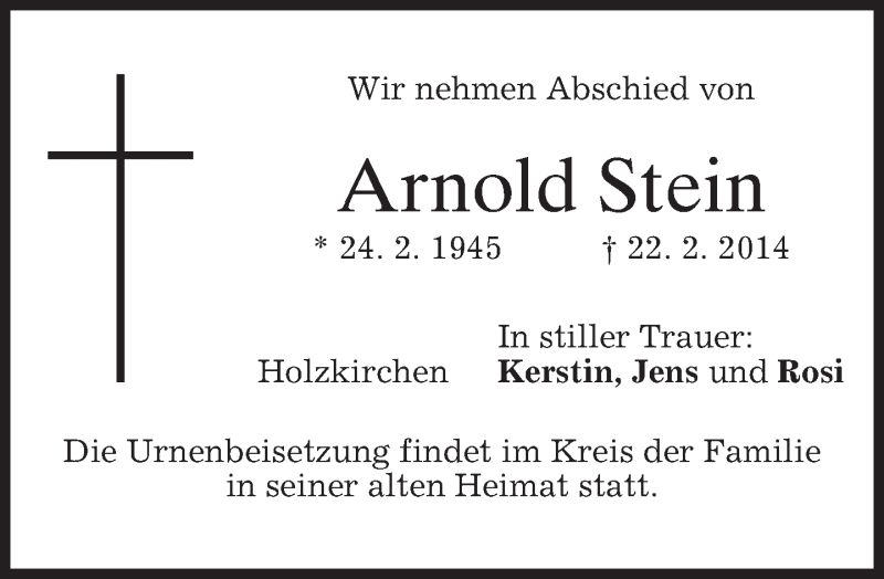  Traueranzeige für Arnold Stein vom 25.02.2014 aus merkurtz